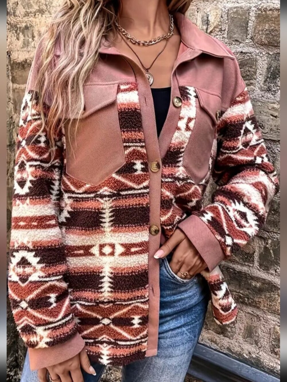 Cozy Aztec Sherpa Button-Up Jacket in Dusty Rose Nwot